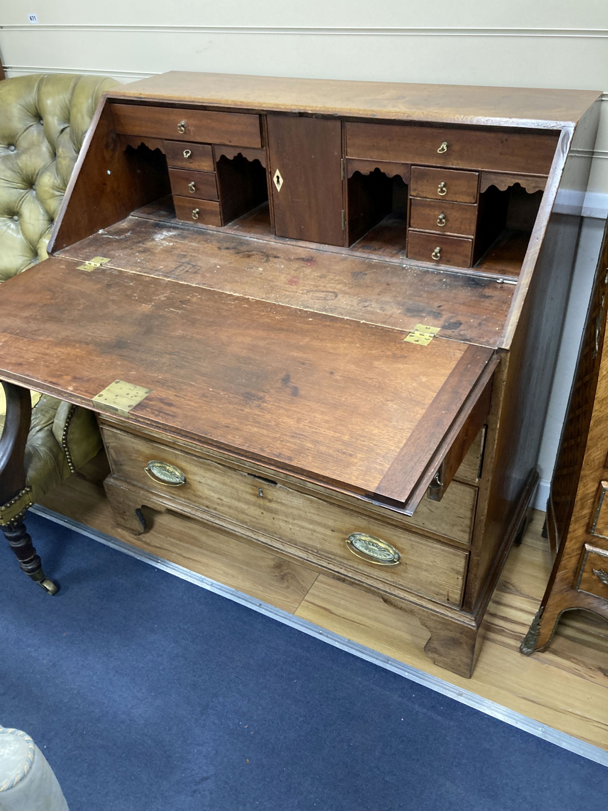 A George III faded mahogany bureau, width 97cm, depth 50cm, height 106cm